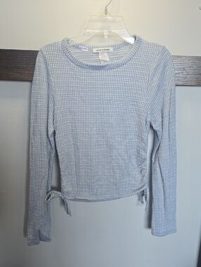 Caution To The Wind Light Blue Waffle-Knit Long Sleeve Side-Tie Top